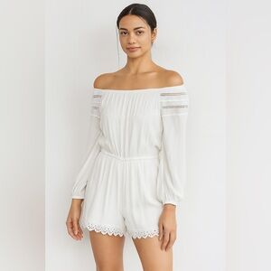 En Crème Romper‎ Off Shoulder White Lace Trim Long Sleeve Boho Size S